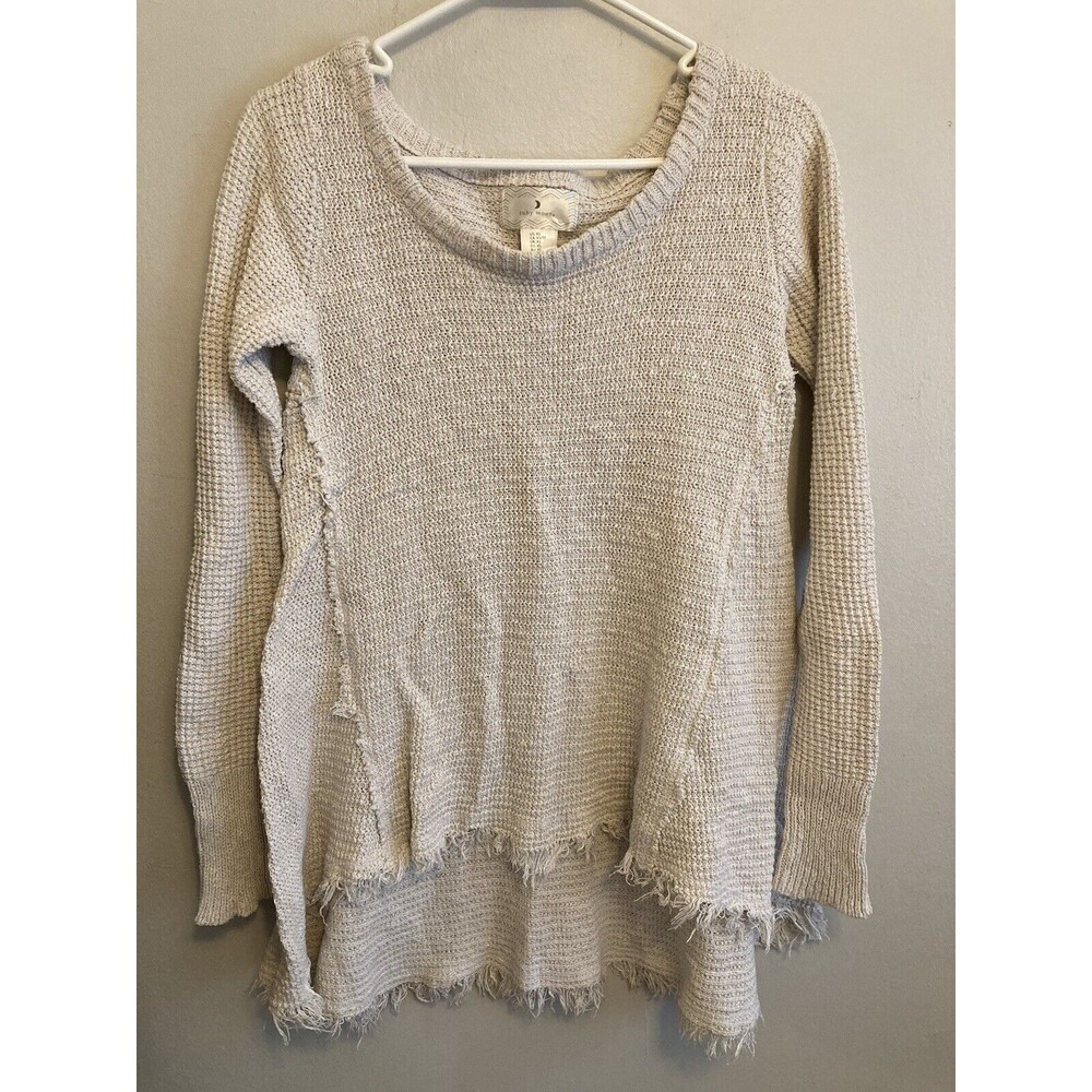 Ruby Moon Women’s Fall Sweater Distressed Fringe Beige 100% Cotton Size XS